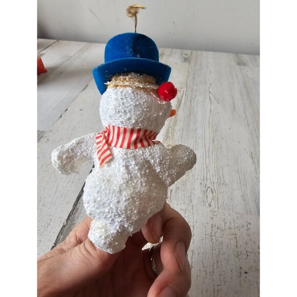Antique vintage Frosty snowman ornament flocked blue top hat Xmas tree glitter f - Picture 5 of 10
